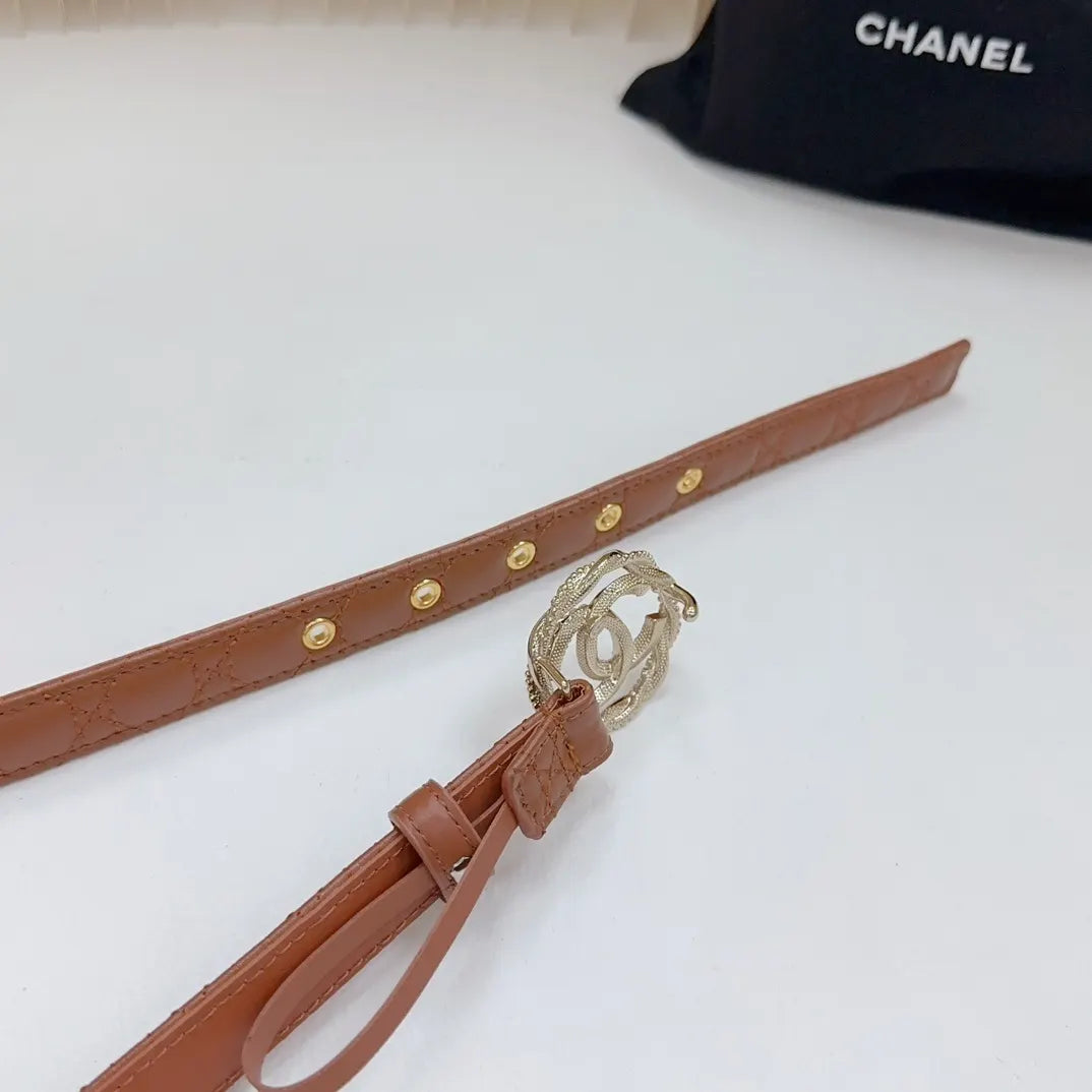 rhinestone Chanel Tan Leather Belt - Hình 7
