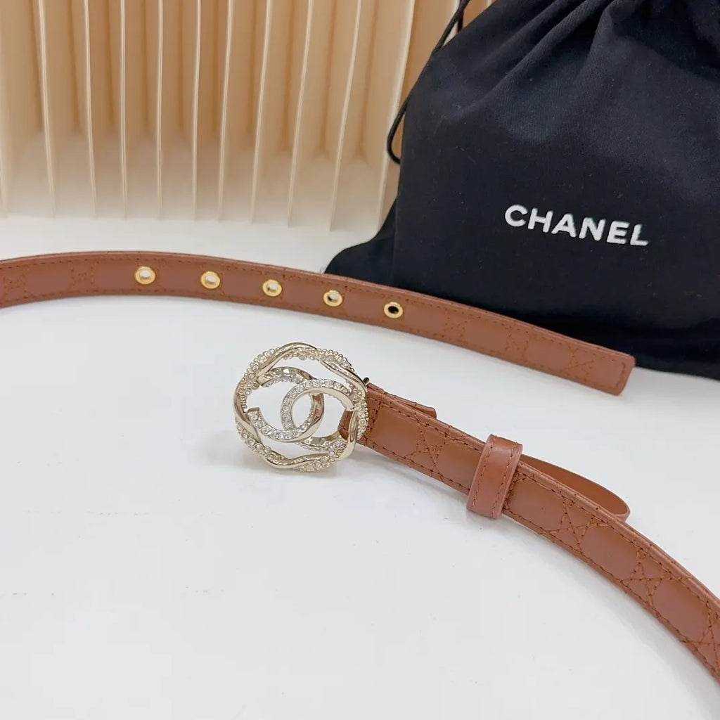 rhinestone Chanel Tan Leather Belt - Hình 8