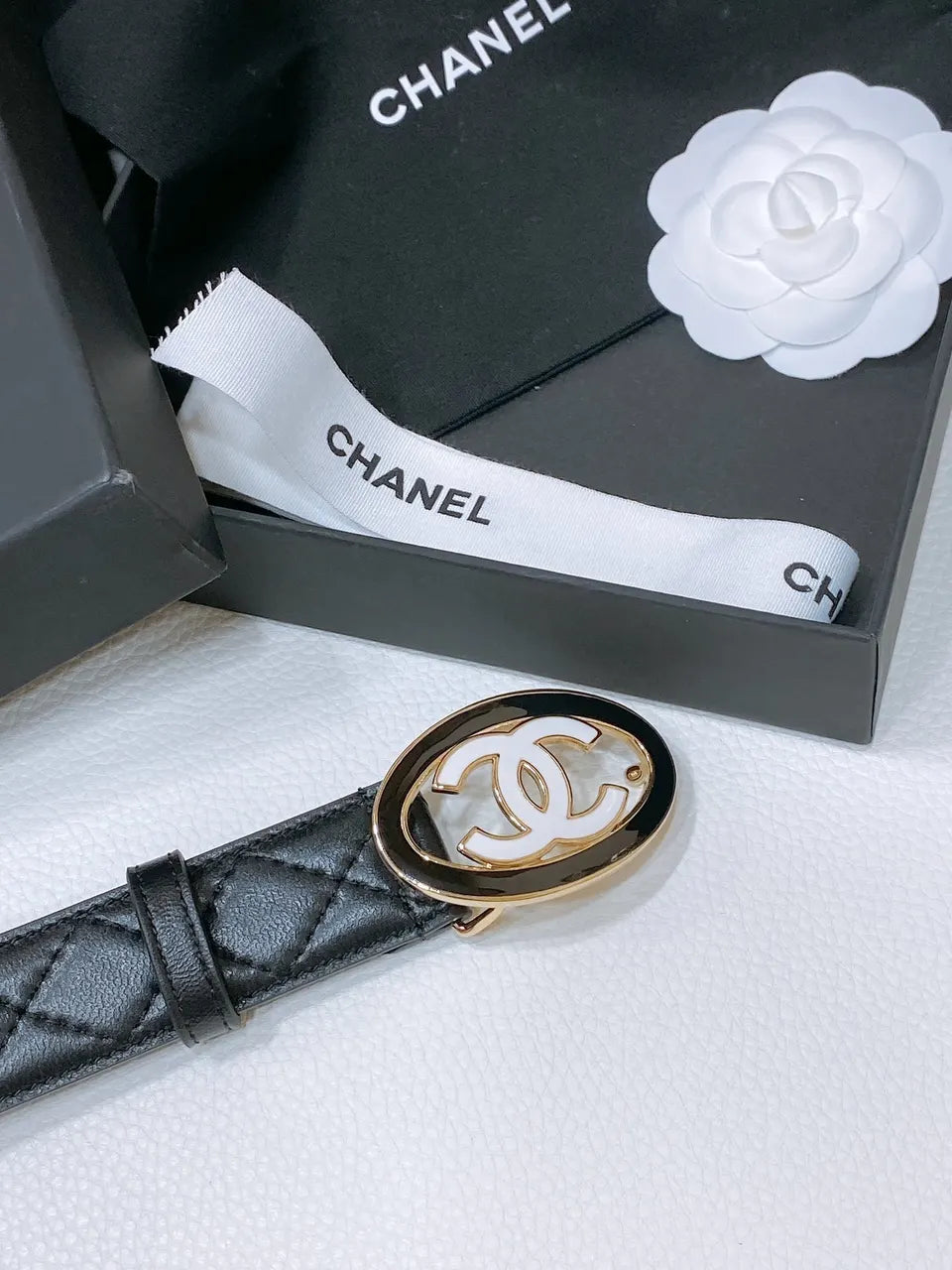 oval Chanel Quilted Black Leather Belt