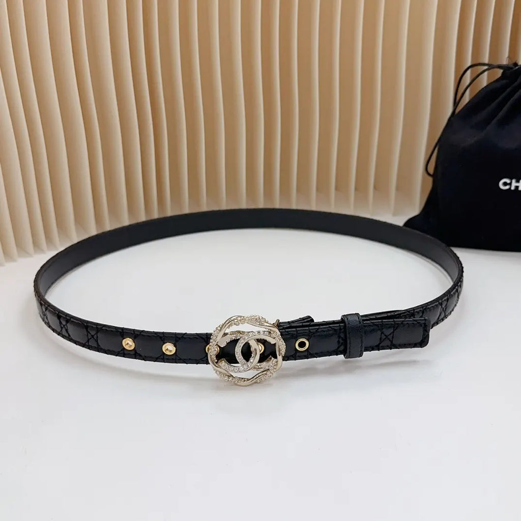 leather Chanel Rhinestone CC Black Belt