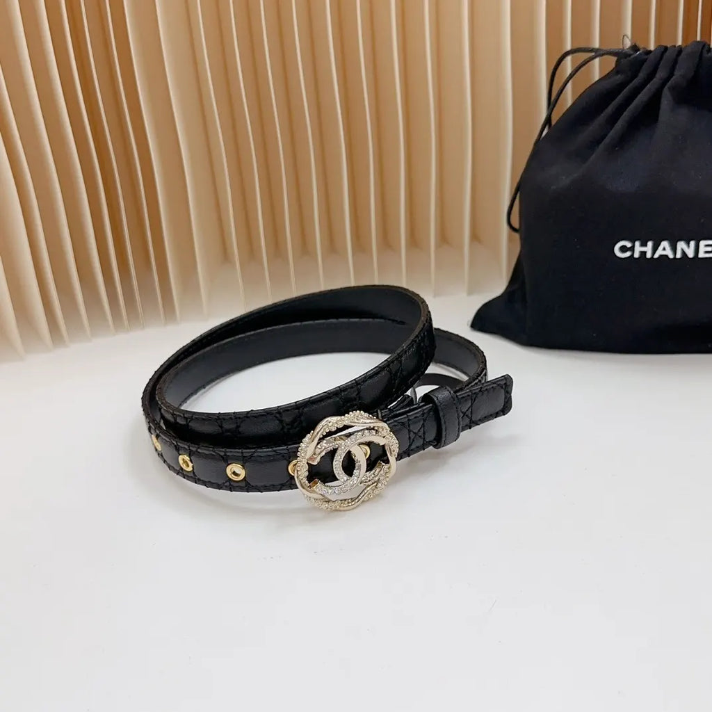 leather Chanel Rhinestone CC Black Belt - Hình 2