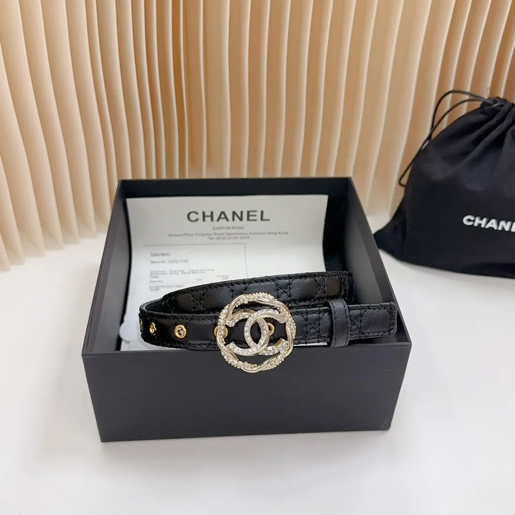 leather Chanel Rhinestone CC Black Belt - Hình 3