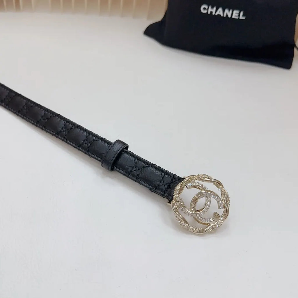 leather Chanel Rhinestone CC Black Belt - Hình 4