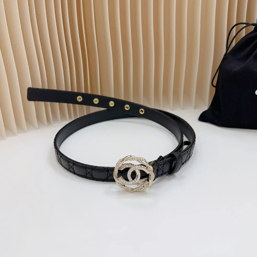 leather Chanel Rhinestone CC Black Belt - Hình 5