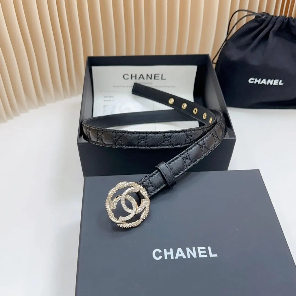 leather Chanel Rhinestone CC Black Belt - Hình 6