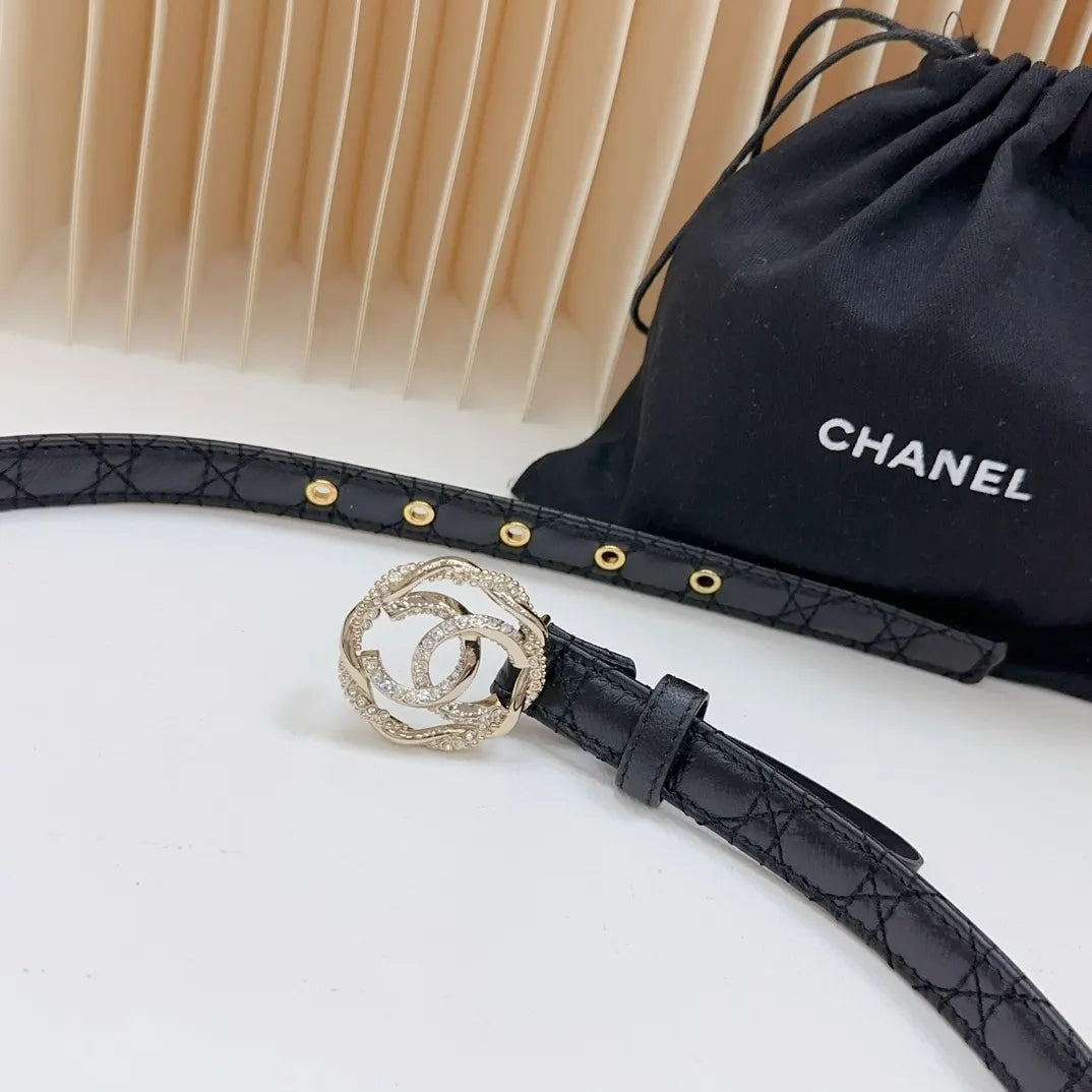 leather Chanel Rhinestone CC Black Belt - Hình 8