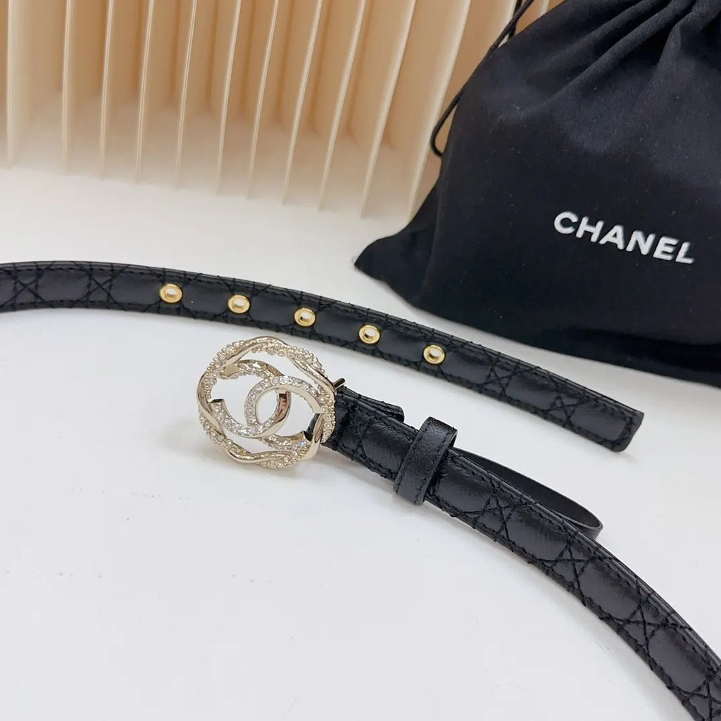 leather Chanel Rhinestone CC Black Belt - Hình 9