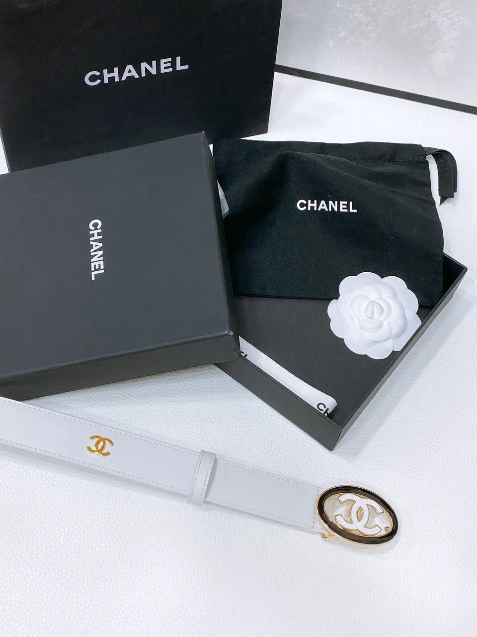 Chanel White Leather Belt gold - Hình 2