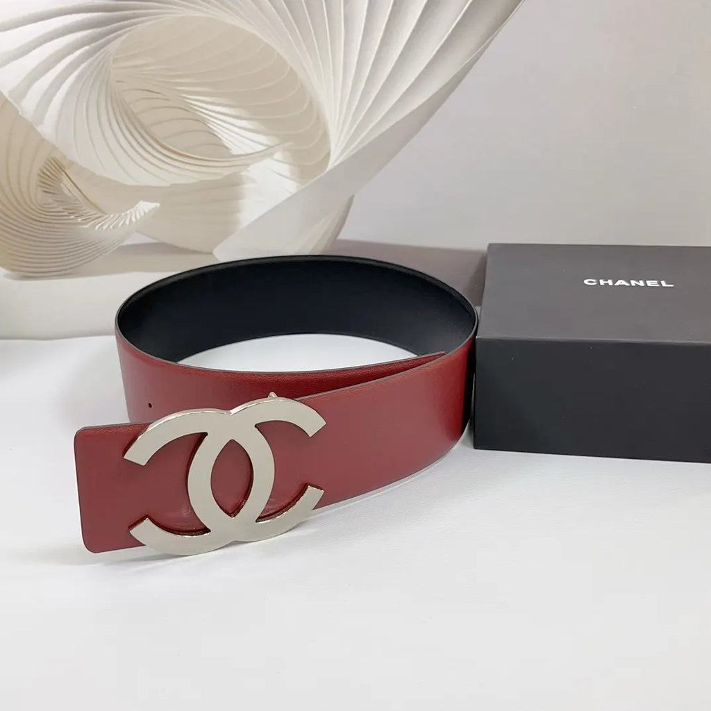silver Chanel Burgundy Leather Belt - Hình 2