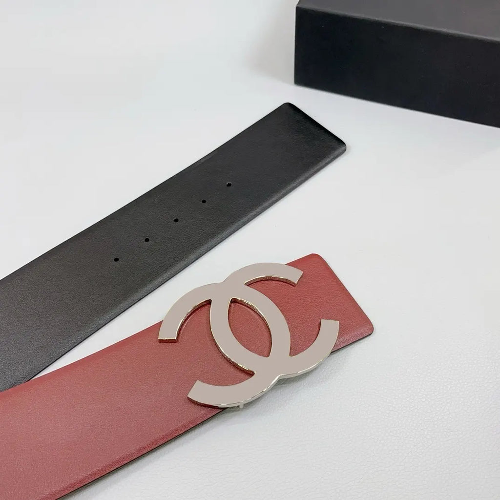 silver Chanel Burgundy Leather Belt - Hình 4