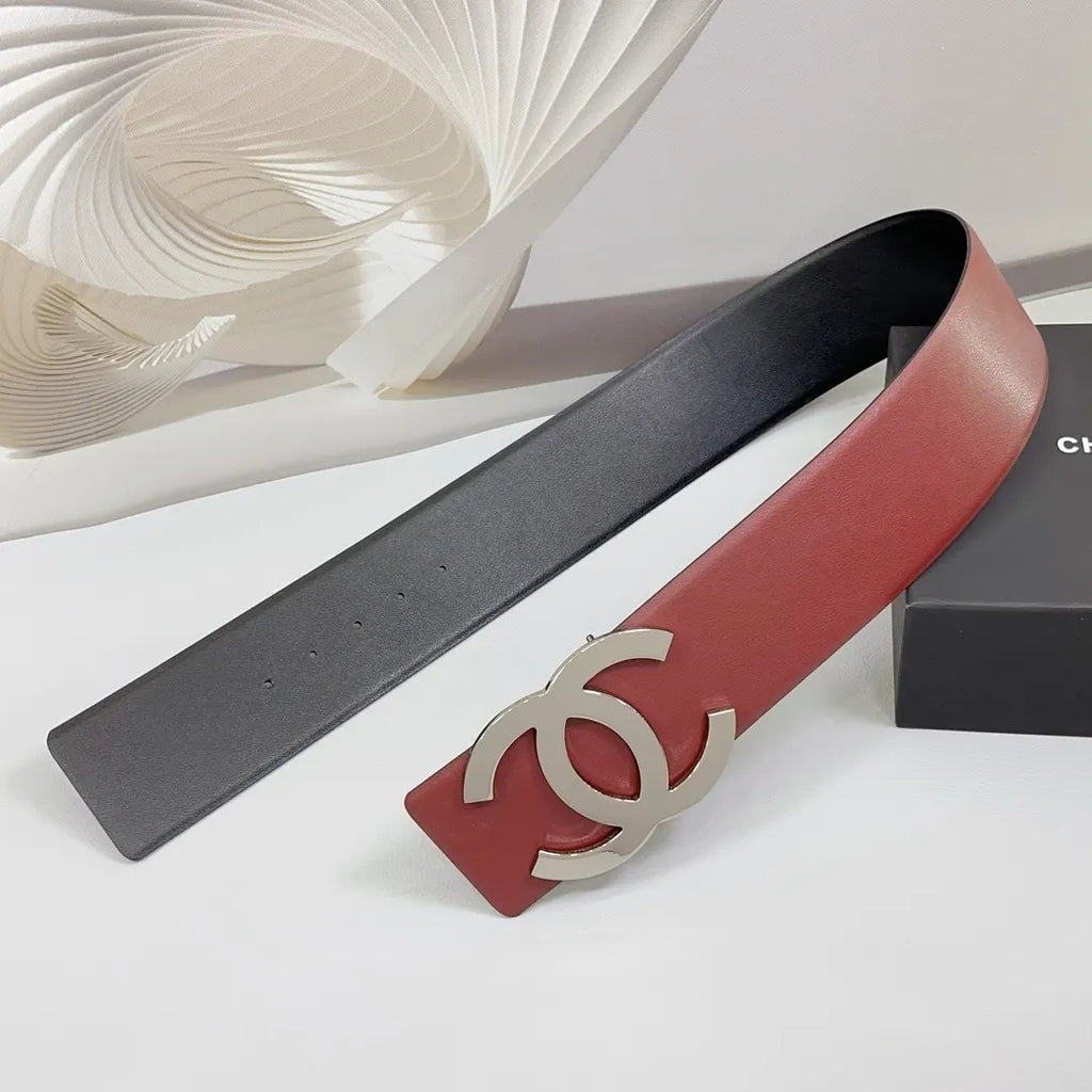 silver Chanel Burgundy Leather Belt - Hình 5