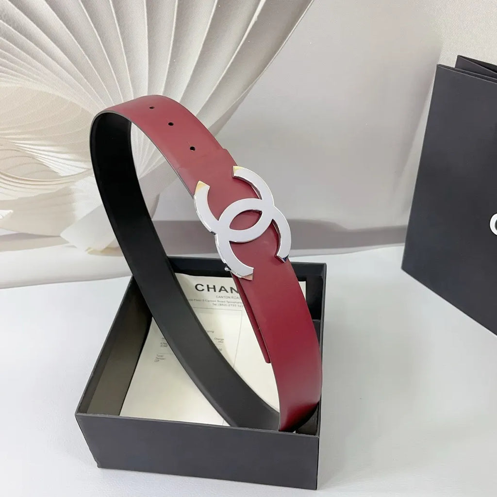 silver Chanel Burgundy Leather Belt