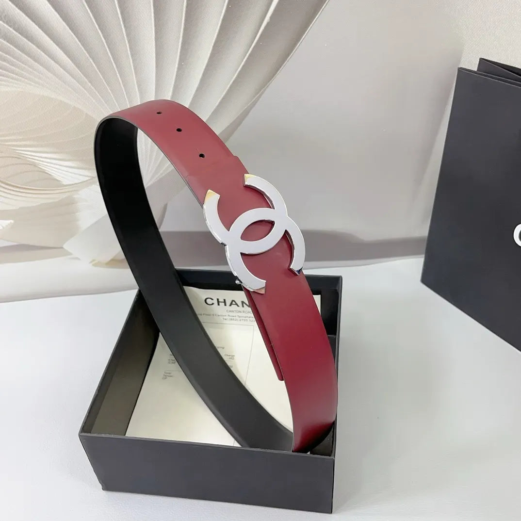 silver Chanel Burgundy Leather Belt