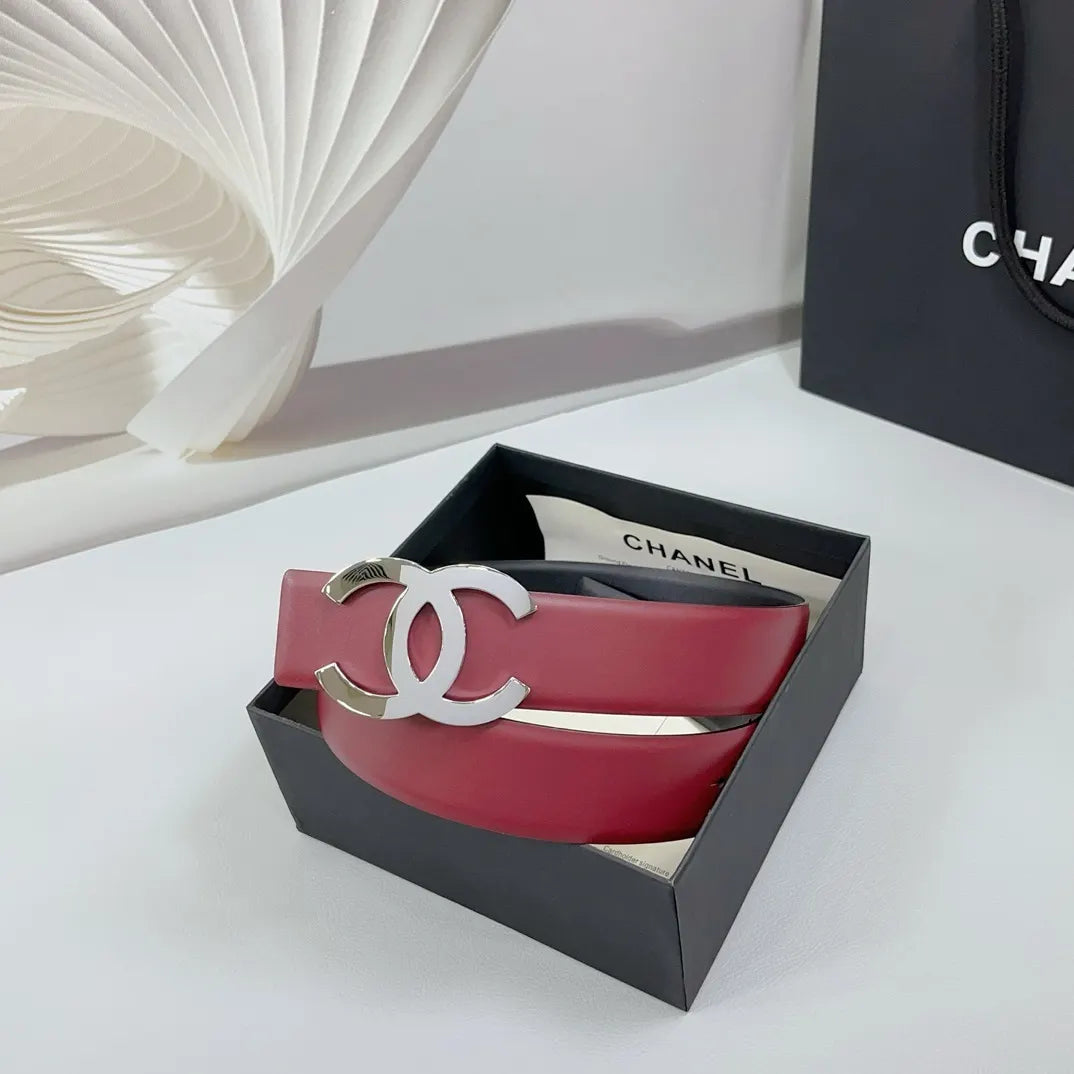 silver Chanel Burgundy Leather Belt - Hình 2