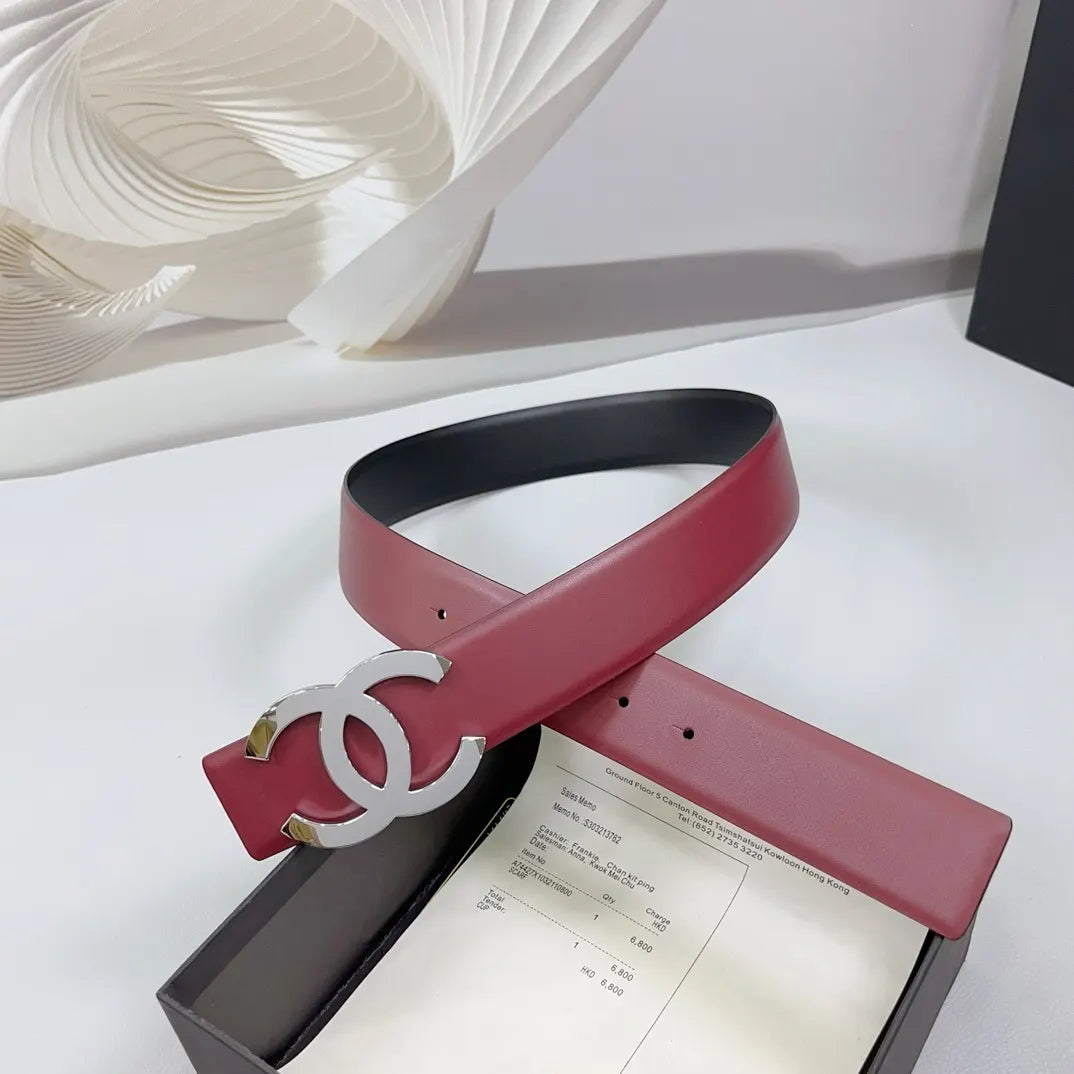 silver Chanel Burgundy Leather Belt - Hình 3