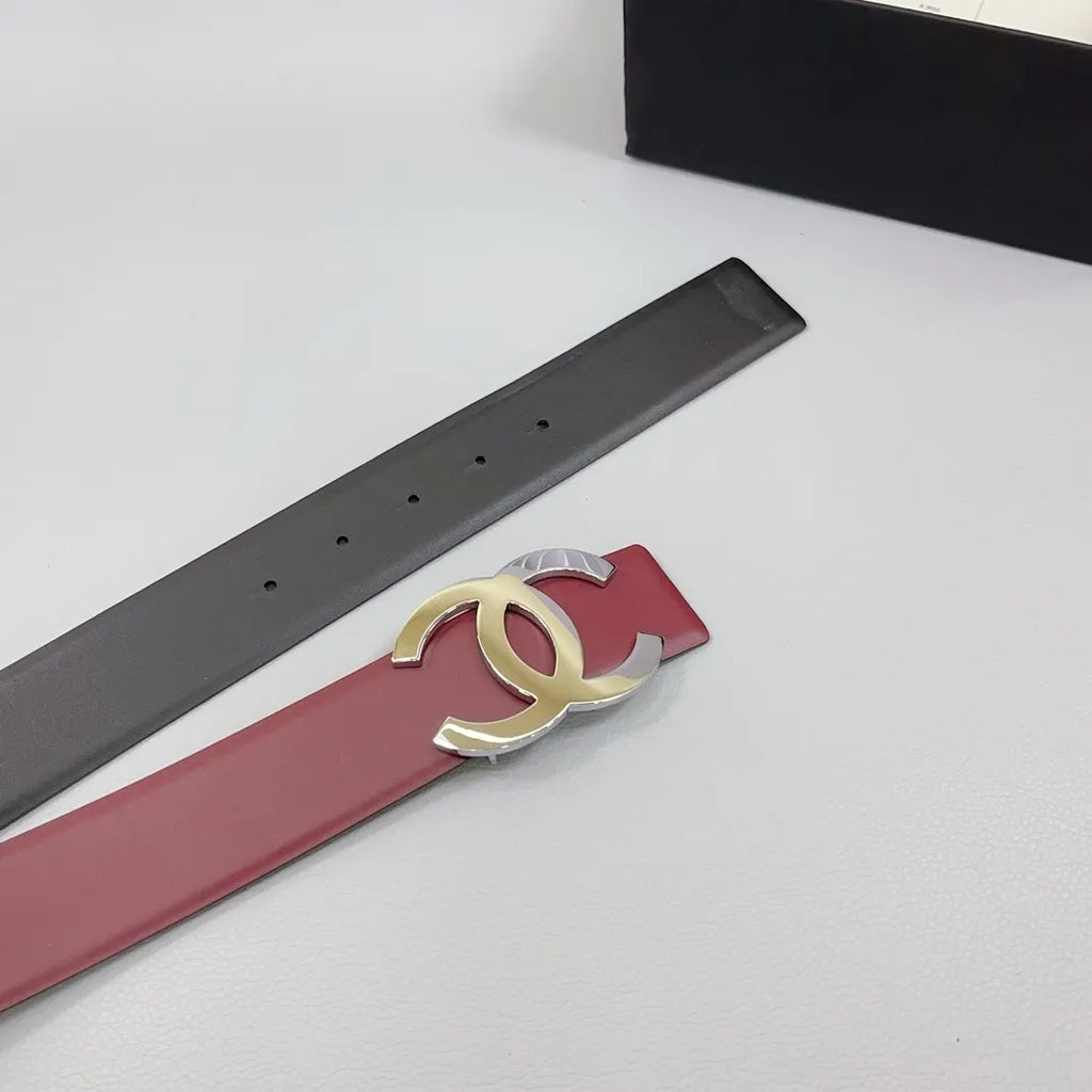 silver Chanel Burgundy Leather Belt - Hình 4