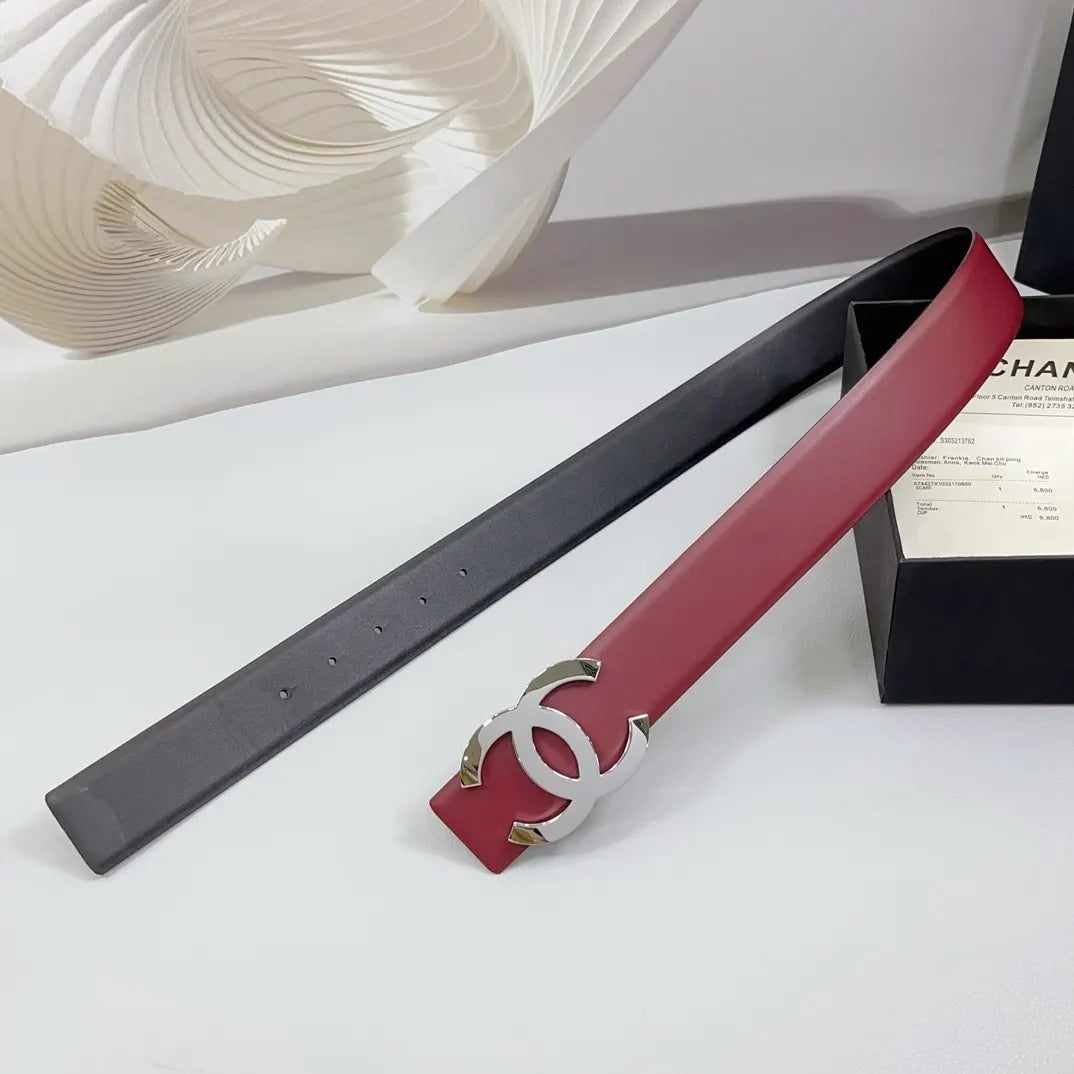silver Chanel Burgundy Leather Belt - Hình 6