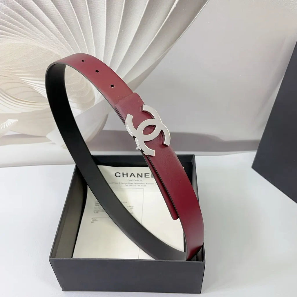 silver Chanel Burgundy Leather Belt