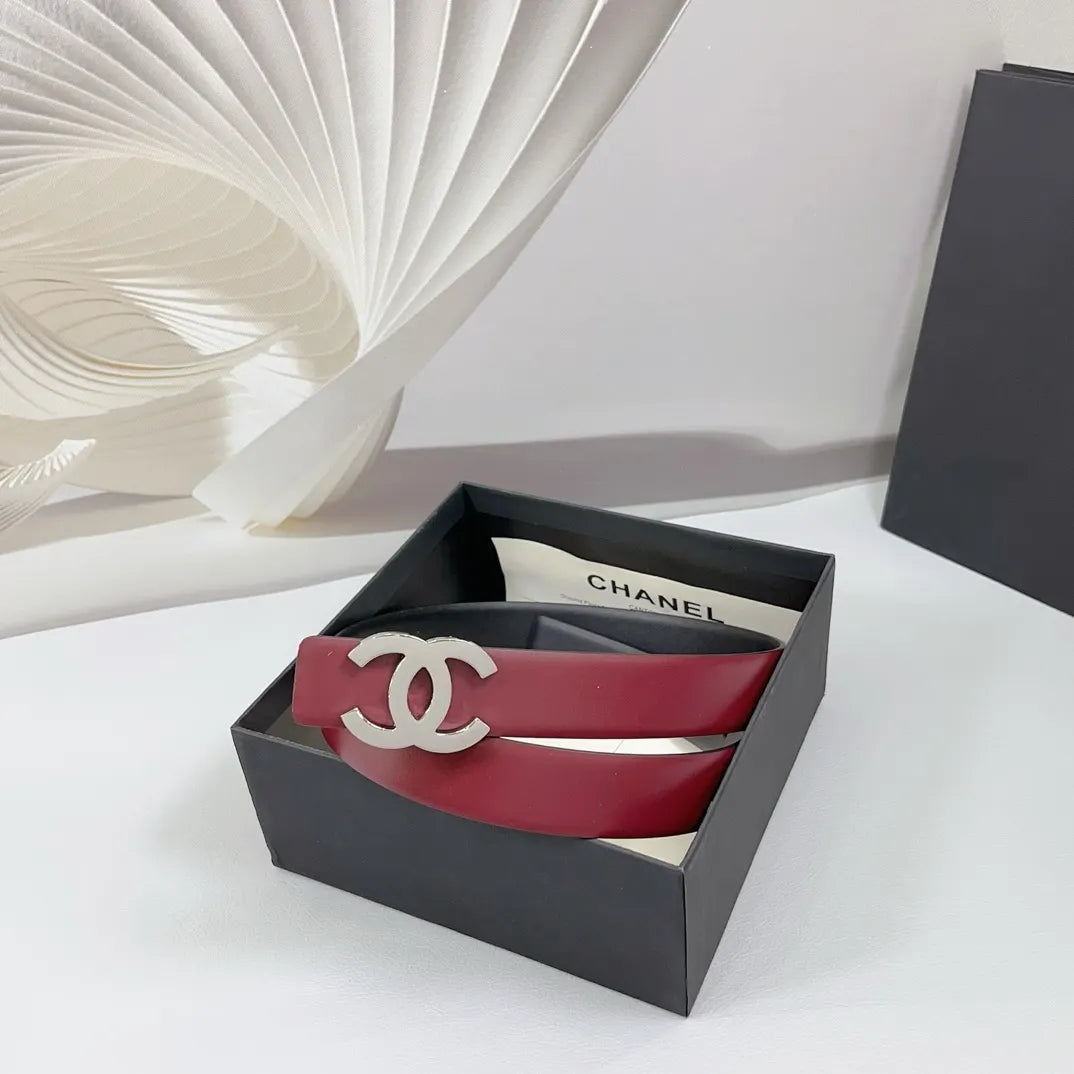 silver Chanel Burgundy Leather Belt - Hình 2