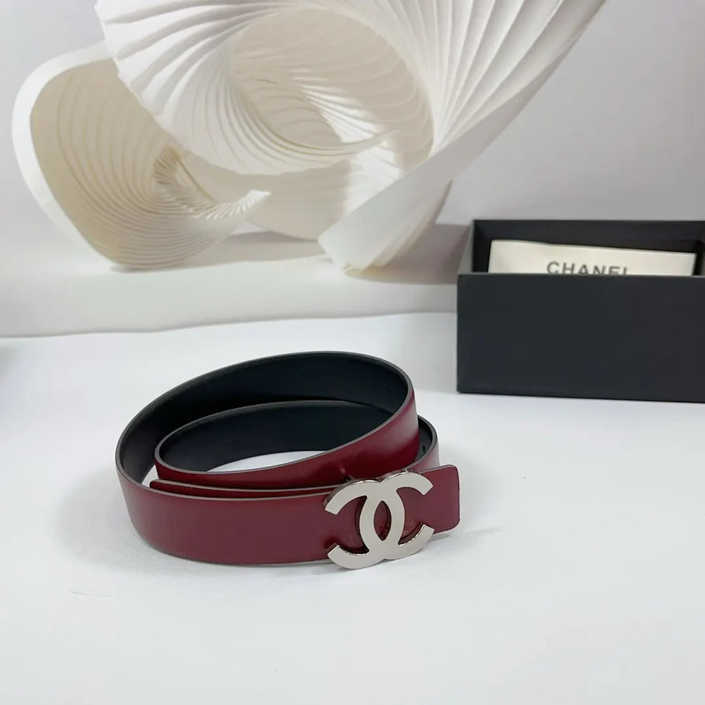 silver Chanel Burgundy Leather Belt - Hình 3