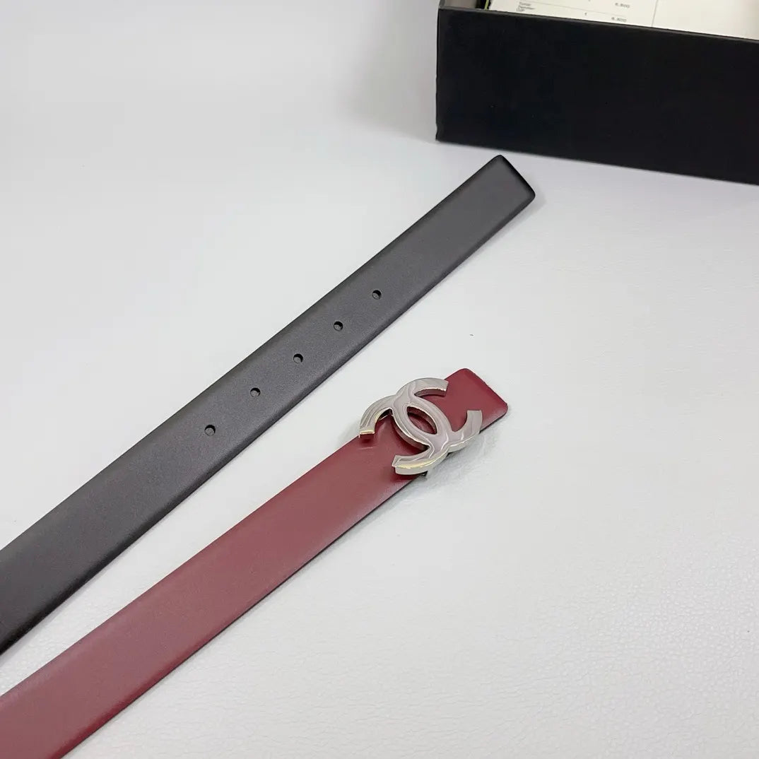 silver Chanel Burgundy Leather Belt - Hình 4