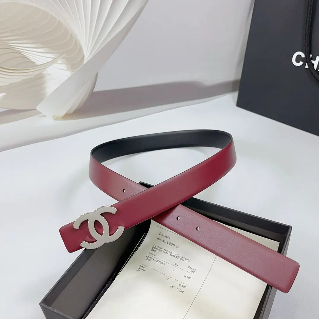silver Chanel Burgundy Leather Belt - Hình 6
