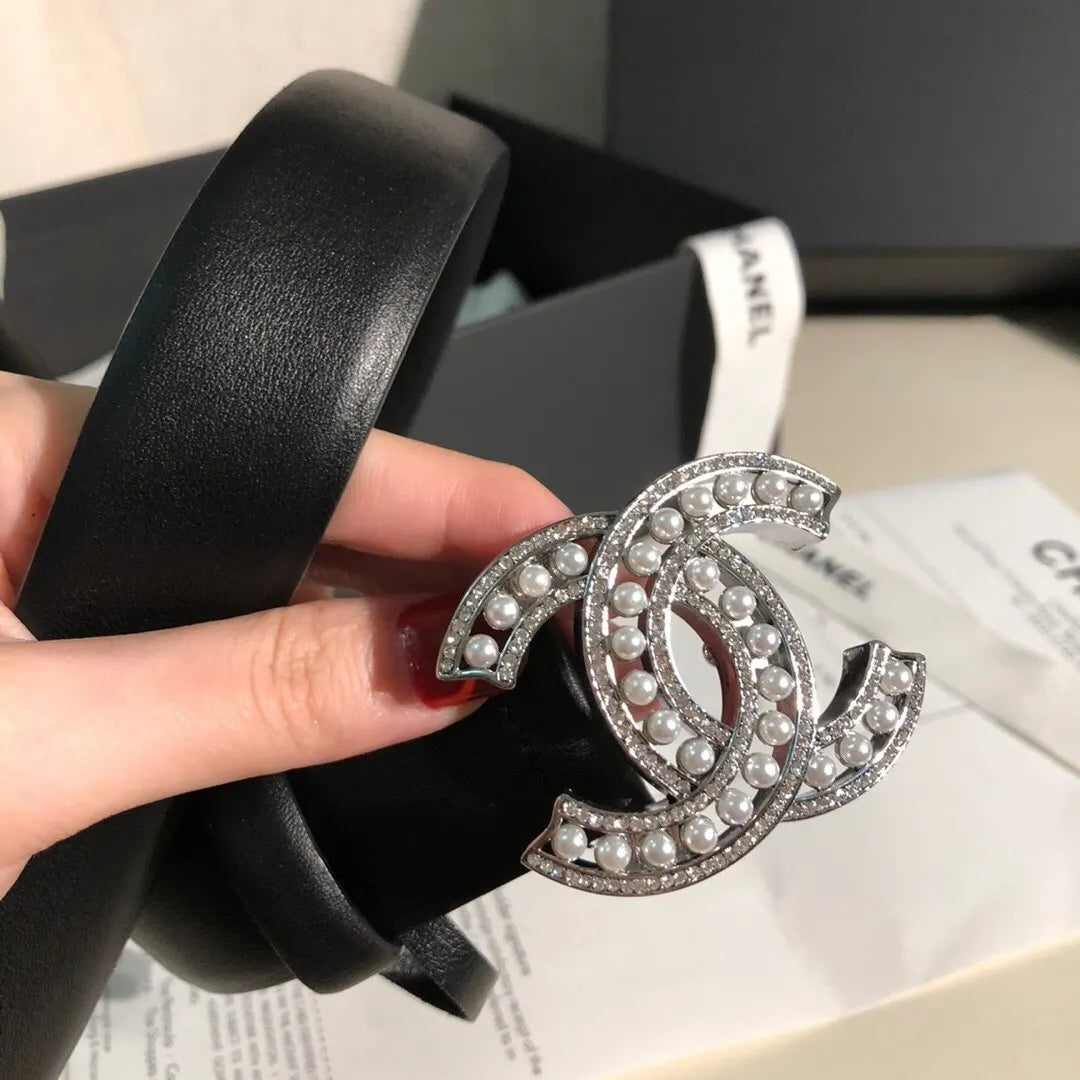 leather Chanel Pearl CC Black Belt