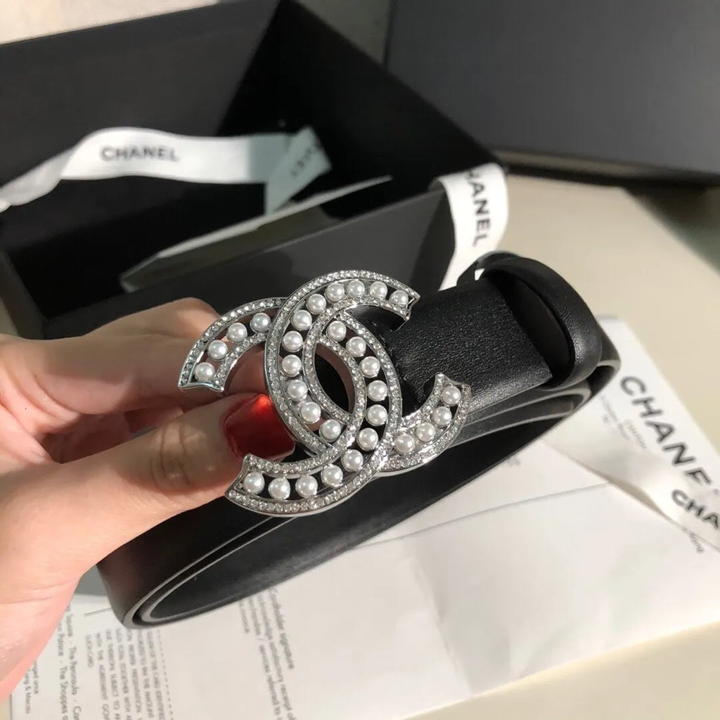 leather Chanel Pearl CC Black Belt - Hình 3