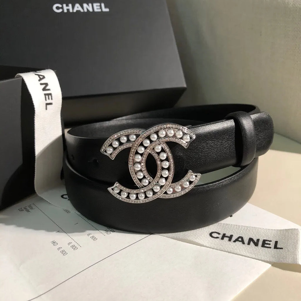 leather Chanel Pearl CC Black Belt - Hình 4
