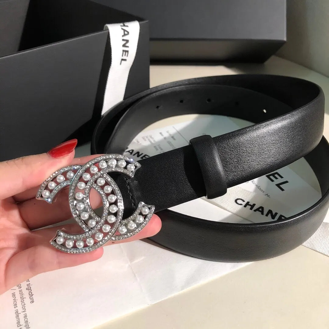 leather Chanel Pearl CC Black Belt - Hình 5