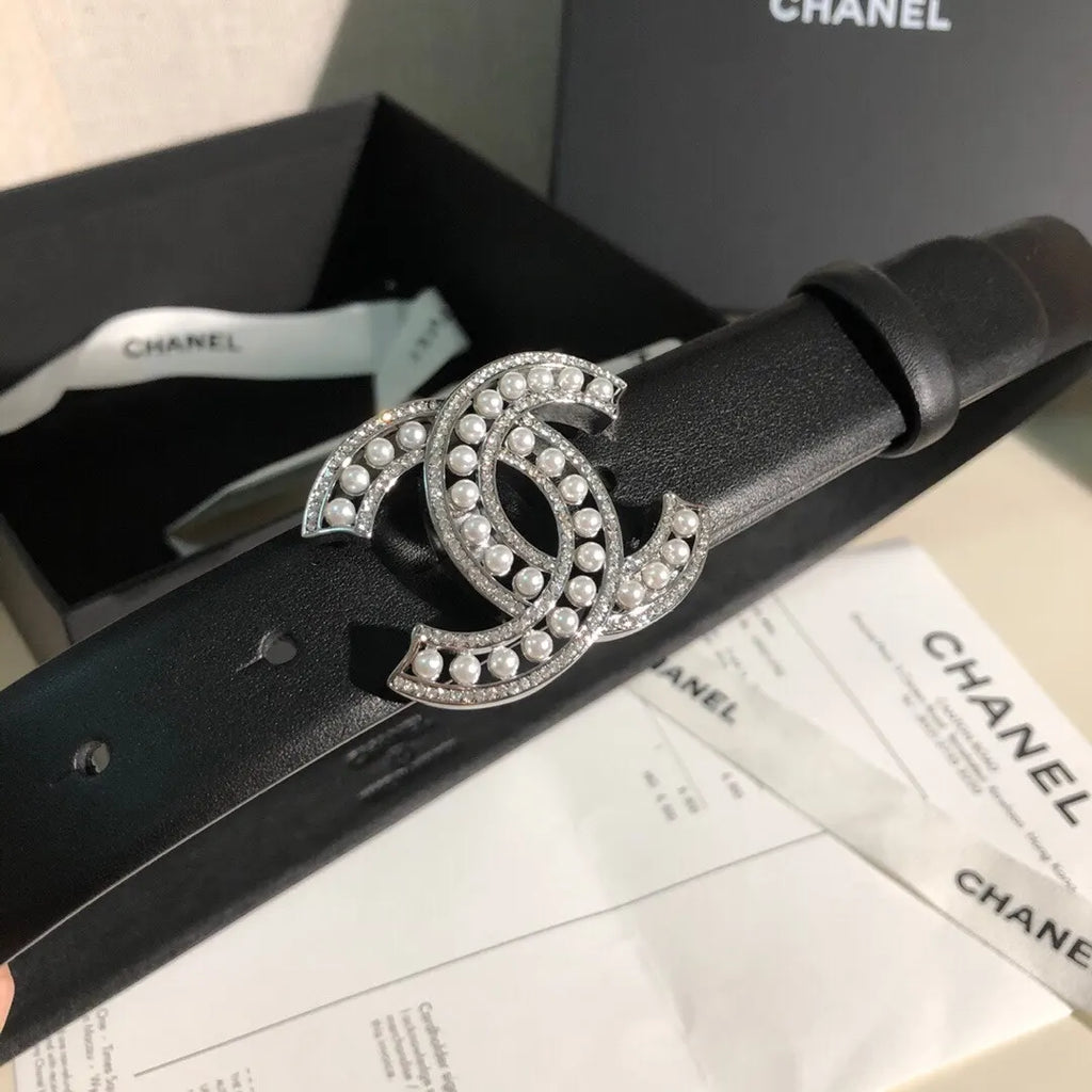 leather Chanel Pearl CC Black Belt - Hình 6