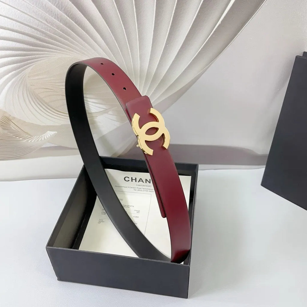 golden Chanel Burgundy Leather Belt