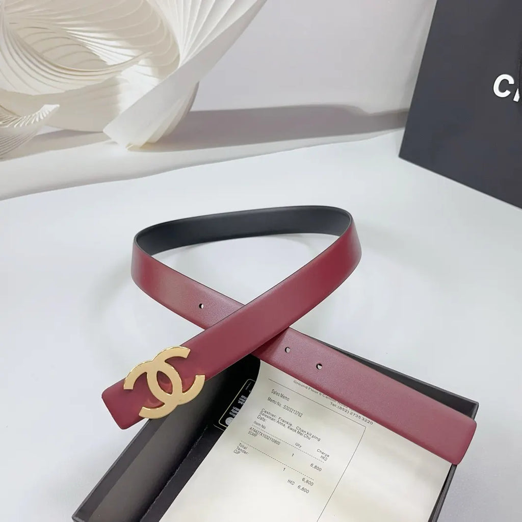 golden Chanel Burgundy Leather Belt - Hình 2