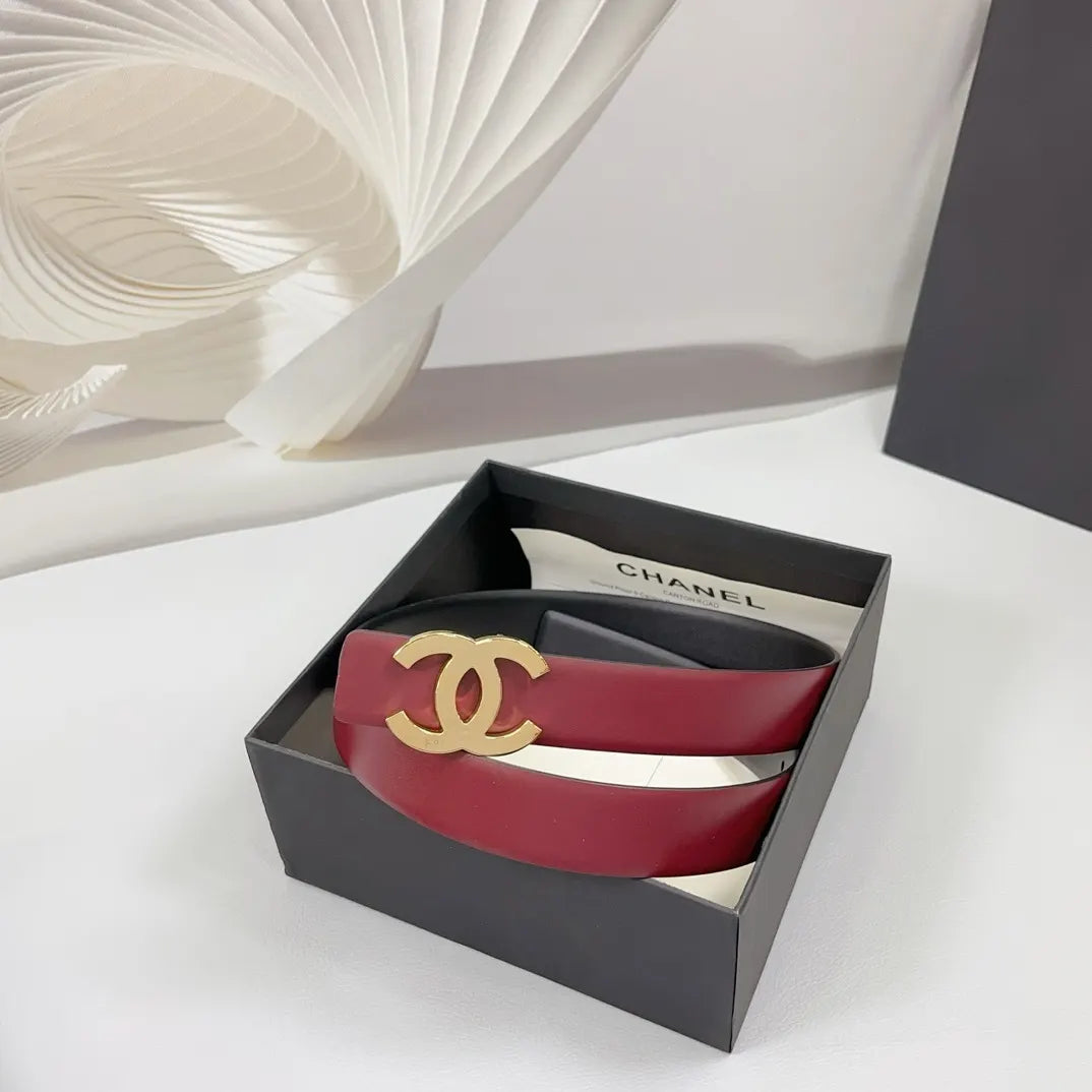 golden Chanel Burgundy Leather Belt - Hình 3