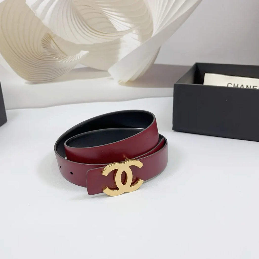 golden Chanel Burgundy Leather Belt - Hình 4