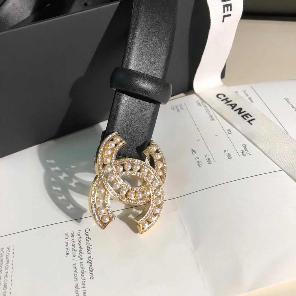 Chanel Black Leather Belt Pearl - Hình 2