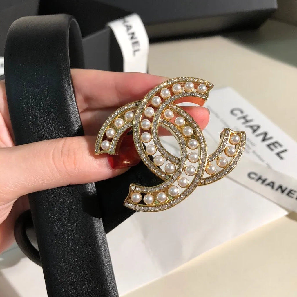 Chanel Black Leather Belt Pearl - Hình 3
