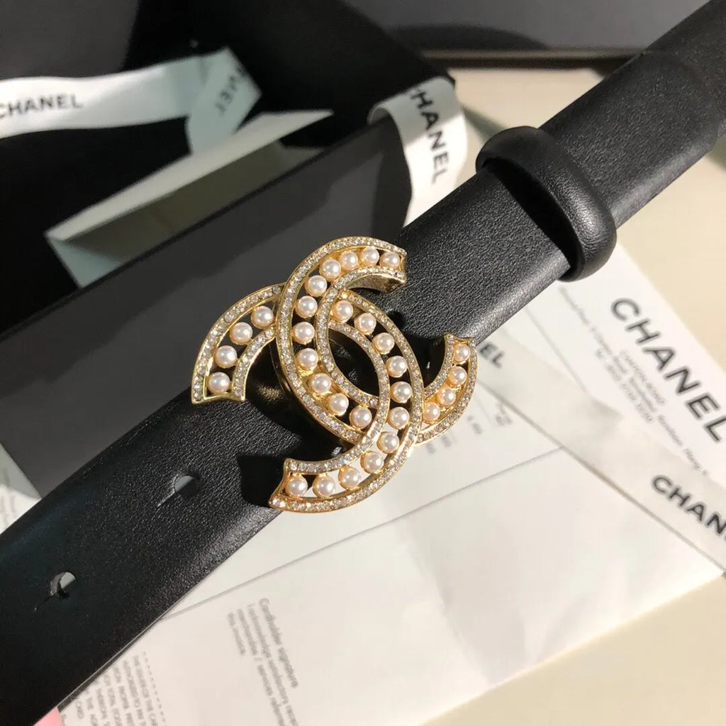 Chanel Black Leather Belt Pearl - Hình 4