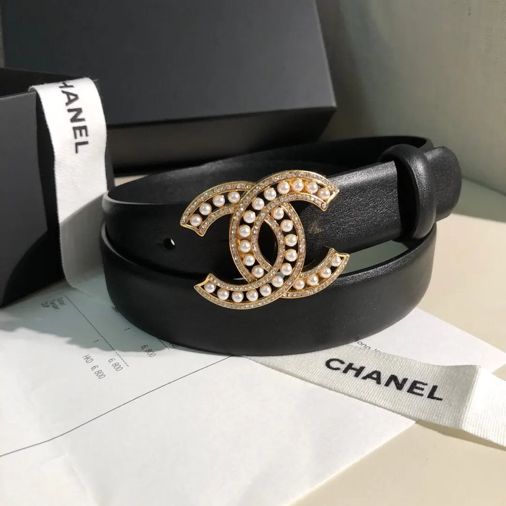 Chanel Black Leather Belt Pearl - Hình 5