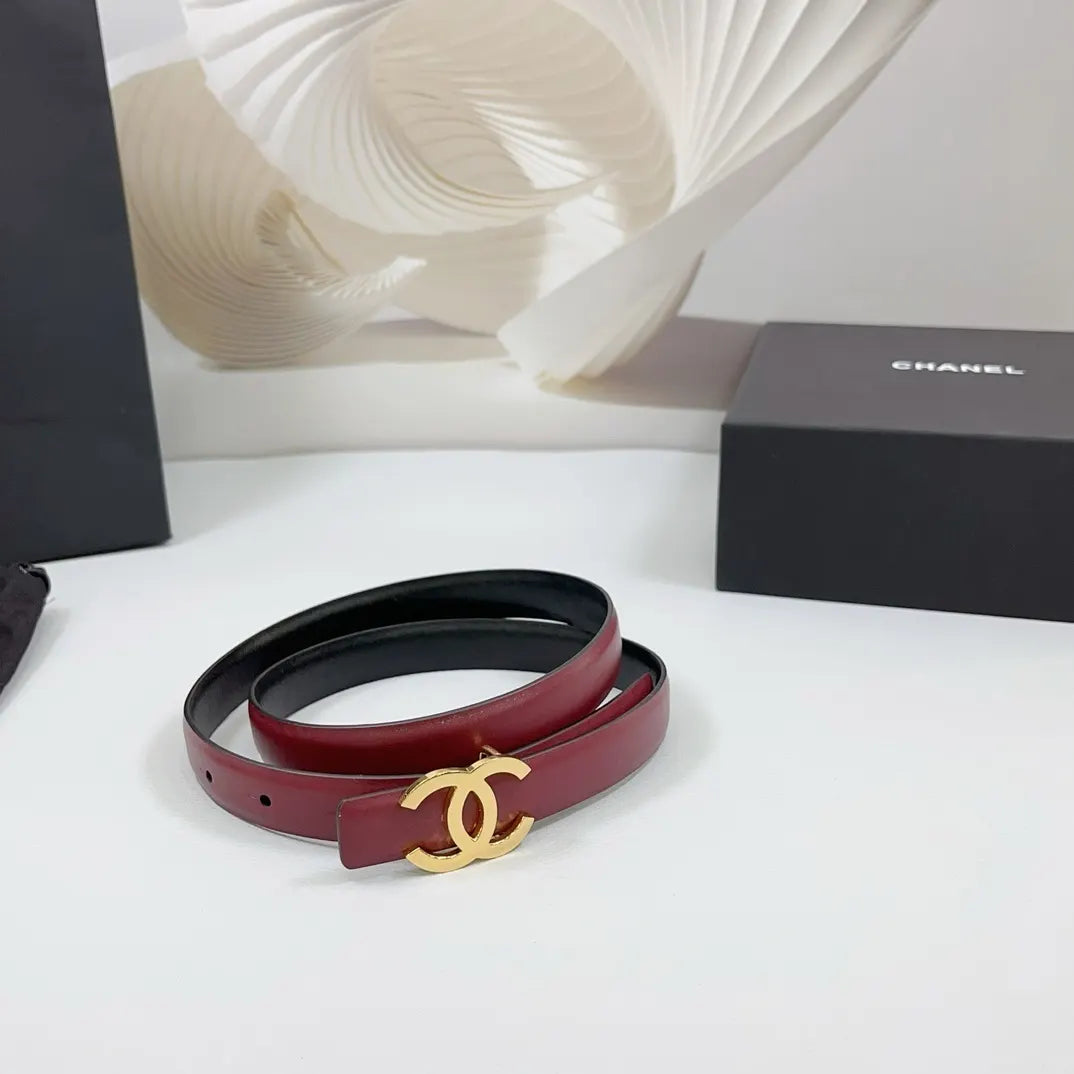 skinny Chanel Burgundy Leather Belt - Hình 2