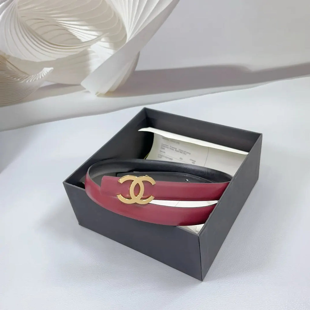 skinny Chanel Burgundy Leather Belt - Hình 3