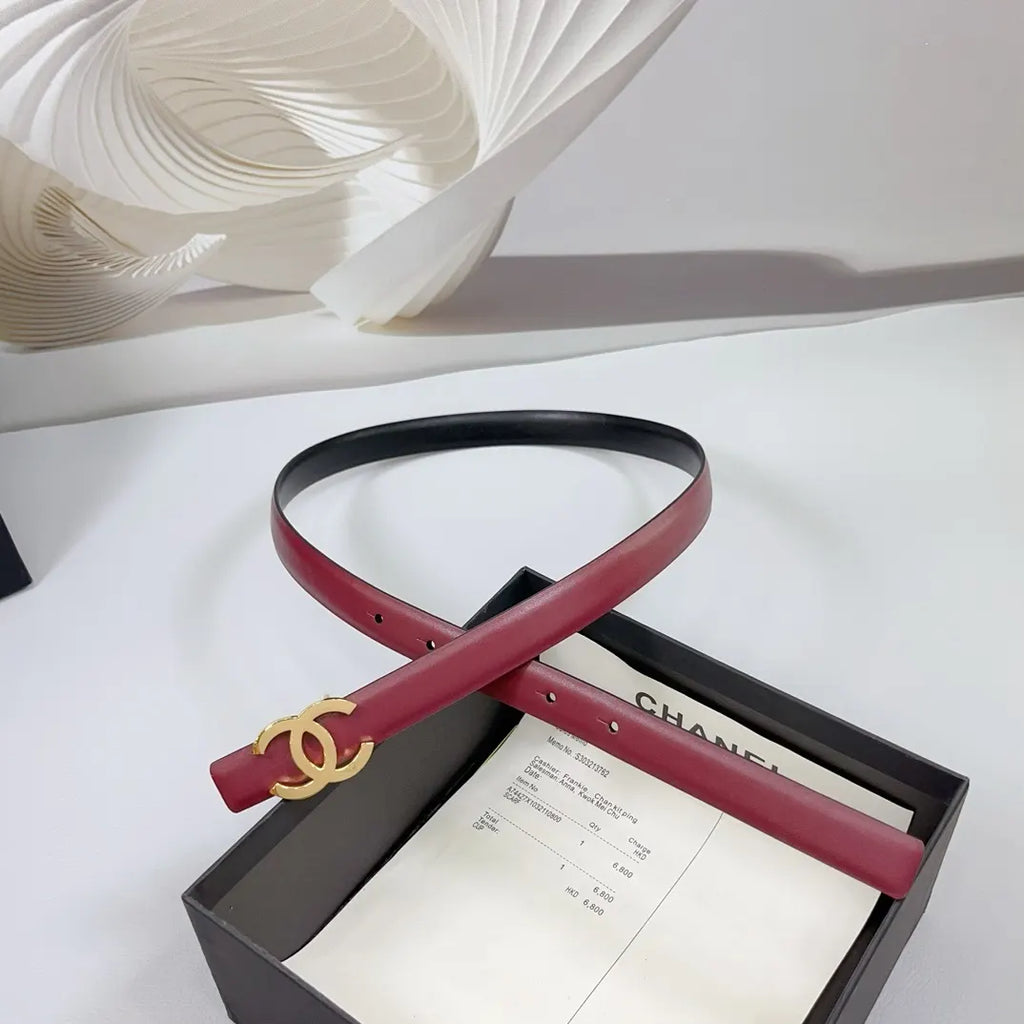 skinny Chanel Burgundy Leather Belt - Hình 6