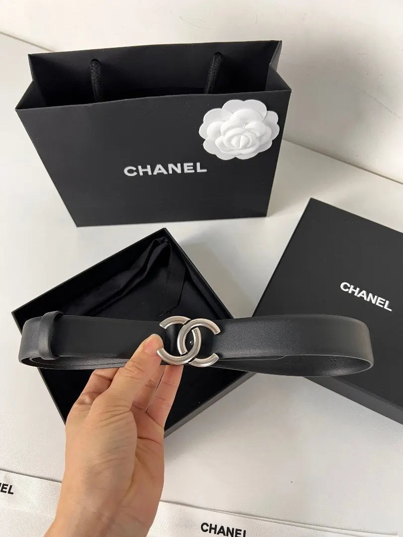 Chanel Black Leather Silver CC Belt