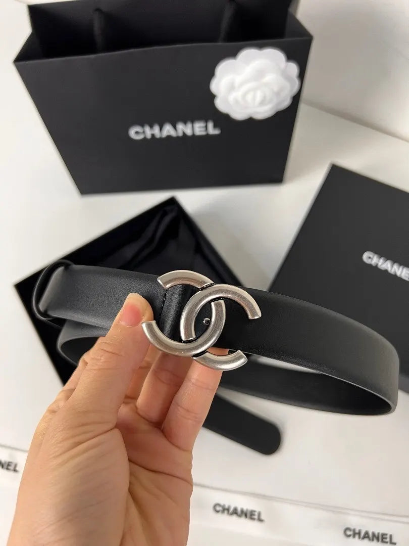 Chanel Black Leather Silver CC Belt - Hình 2