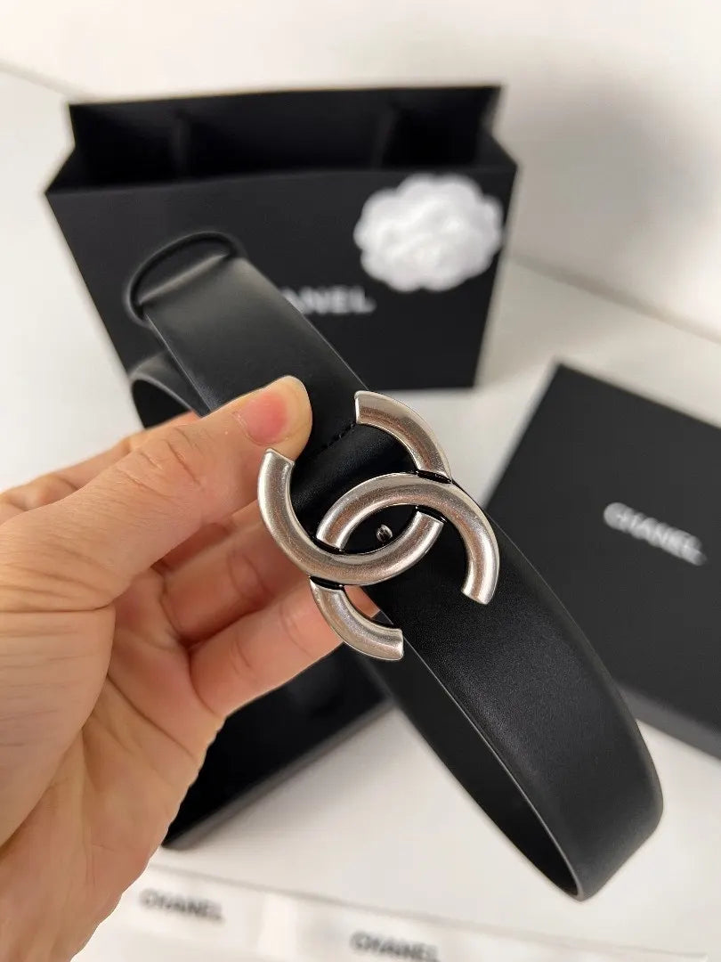 Chanel Black Leather Silver CC Belt - Hình 3
