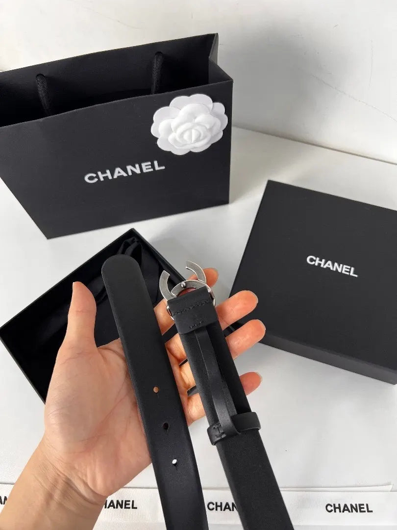 Chanel Black Leather Silver CC Belt - Hình 5