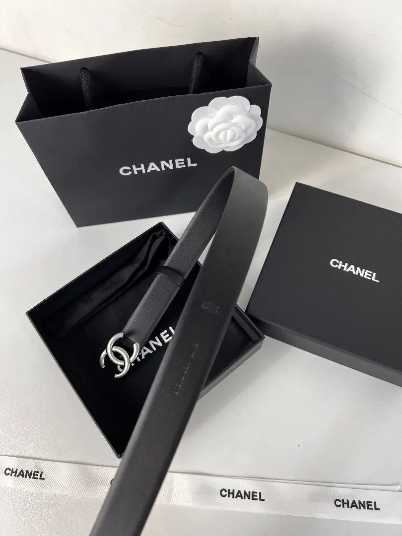 Chanel Black Leather Silver CC Belt - Hình 6