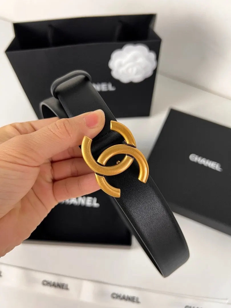 smooth Chanel Black Leather Gold CC Belt - Hình 3