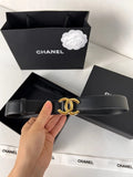 golden Chanel Slim Black Leather Belt
