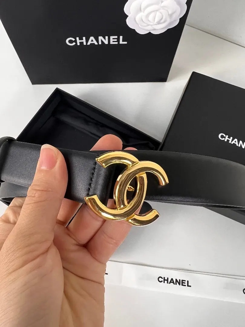 golden Chanel Slim Black Leather Belt - Hình 2